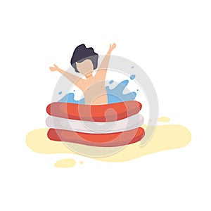 Cute Boy Playing in Inflatable Pool, Kid Having Fun on Beach on Summer Holidays Vector Illustration