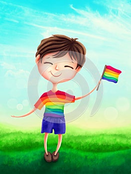 Cute boy with a rainbow flag