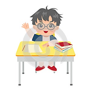 Cute boy raising his hand in class to answer a question. Smart kid clip art.