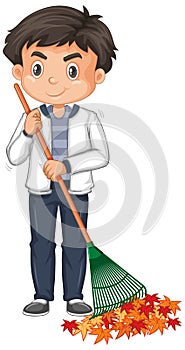 Cute boy raking leaves on white background