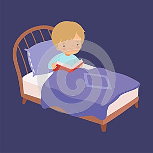 Cute Boy Reading a Bedtime Story in the Bed at Night Vector Illustration