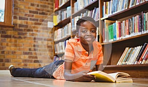 Cute boy reading book in library