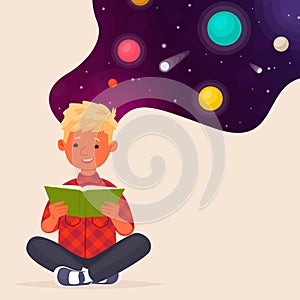 Cute boy reading a book about space and planets. Education. Vector illustration