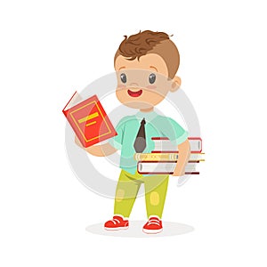 Cute boy reading a book while standing and holding books, kid enjoying reading, colorful character vector Illustration