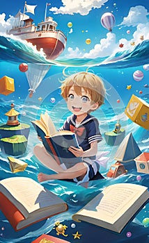 Cute boy reading book under water boats balloons fantasy cartoon anime
