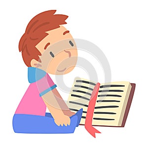 Cute Boy Reading Book, Young Fan of Literature, Fairy Tales, Stories, Discoveries Cartoon Style Vector Illustration