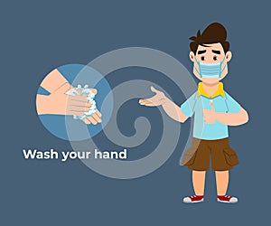 Cute boy recommends preventing virus by washing your hands with hand sanitizer. Cute kid flat style character for design, motion