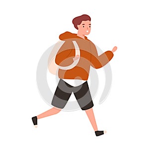 Cute boy running to school. Portrait of teenage schoolboy in hurry with backpack. Flat vector cartoon illustration of