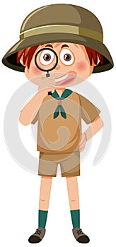 Cute boy scout cartoon character  magnifying glass