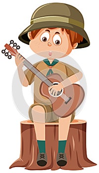 Cute boy scout cartoon character playing guitar
