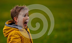 Cute boy screaming, side view. A frightened child. Little boy screams in nature.