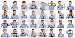 Cute boy, set of different emotions, collage on white background