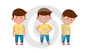 Cute boy showing different emotions set. Kid with unhappy, cheerful, upse face expression cartoon vector illustration