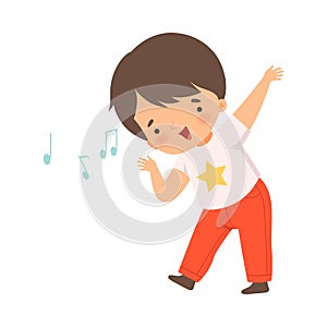 Cute Boy Singing, Adorable Kid Having Fun and Enjoying Listening to Music Cartoon Vector Illustration