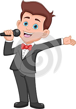 Cute boy singing cartoon on white background