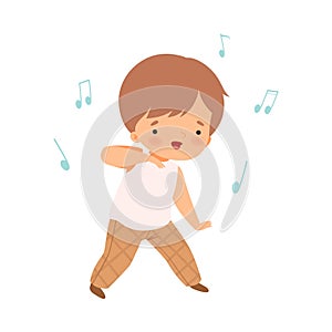 Cute Boy Singing and Dancing, Adorable Kid Having Fun and Enjoying Listening to Music Cartoon Vector Illustration