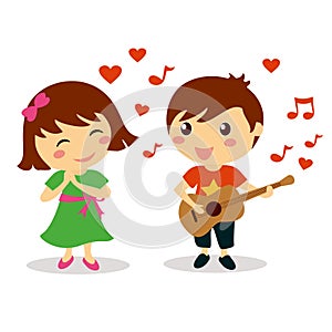 Cute boy singing a love song to beautiful smiling girl