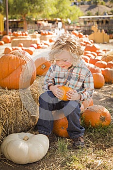 Cute Boy Sitting and Holding His Pumpkin at Pumpkin Patch