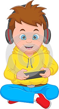 Cute boy sitting playing mobile game cartoon