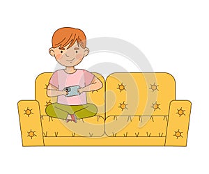 Cute Boy Sitting on Sofa with Smartphone Playing and Watching Vector Illustration