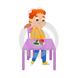 Cute Boy Sitting at Table and Eating Vegetables, Child Refusing to Eat Healthy Food Cartoon Style Vector Illustration