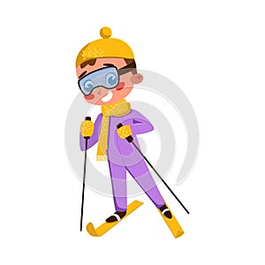 Cute Boy Skiing, Kid Doing Winter Sports, Active Healthy Lifestyle Concept Cartoon Style Vector Illustration