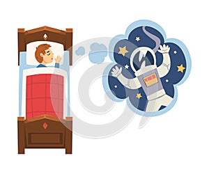 Cute Boy Sleeping in Bed and Dreaming About Astronaut in Flying in Outer Space, Kid Lying in Bed Having Sweet Dreams