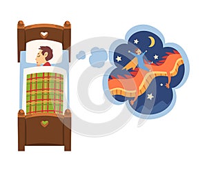 Cute Boy Sleeping in Bed and Dreaming About Superhero Boy Flying on Dragon in the Sky, Kid Lying in Bed Having Sweet