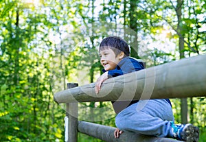 Cute boy with smiling face looking out, Candid shot happy kid playing in the park,Child having fun in a climbing on wooden fame