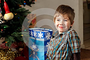 Cute Boy Smirking by a Christmas Tree with Gift Bags