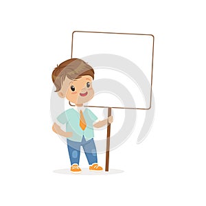 Cute boy standing with blank signboard, kid holding placard vector Illustration