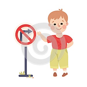 Cute Boy Standing Near No Right Turn Traffic Sign on Pole Learning Rules of Road Vector Illustration