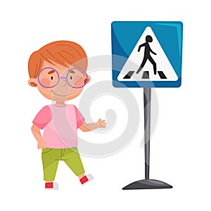 Cute Boy Standing Near Pedestrian Crossing Road Sign Vector Illustration