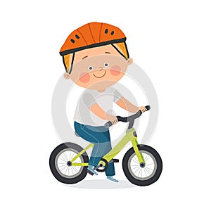 Cute boy standing next to his bicycle wearing a helmet. Child with a bike. Children activities. Cartoon hand drawn10