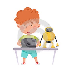 Cute Boy Standing with Tablet PC and Configurating Robot Vector Illustration