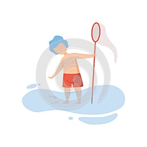 Cute Boy Standing in Water and Playing with Fishing Net, Kid Having Fun on Beach on Summer Holidays Vector Illustration