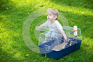 Cute boy stroking a pet rabbit in a cage