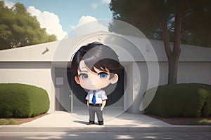 cute boy student in front of school door ai generated