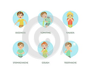 Cute Boy Suffering from Different Symptoms Set, Dizziness, Vomiting, Nausea, Stomach Ache, Cough, Toothache Vector