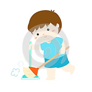 Cute boy sweeping the dust on a white background .