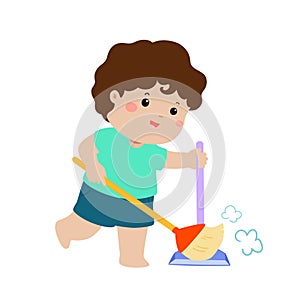 Cute boy sweeping the dust on a white background .