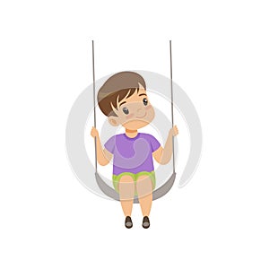 Cute boy swinging on a rope swing, little kid having fun on a swing vector Illustration on a white background