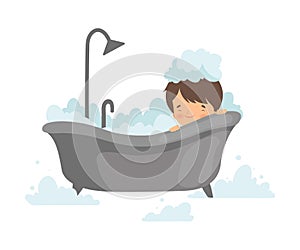Cute Boy Taking Bath with Foam, Adorable Little Kid in Bathroom, Daily Hygiene Vector Illustration
