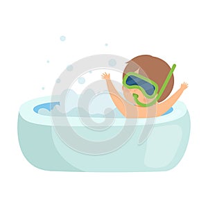 Cute Boy Taking Bath and Playing with Snorkel Mask in Bathtub Full of Foam, Adorable Kid in Bathroom, Daily Hygiene