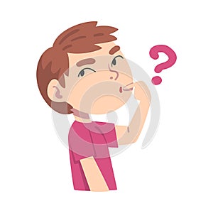 Cute Boy Thinking about Something, Kid with Question Mark Cartoon Style Vector Illustration