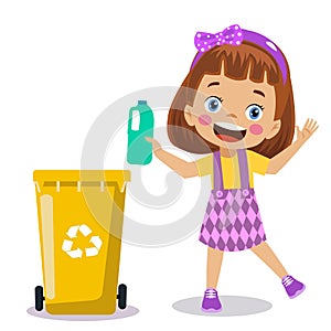 Cute boy throwing trash in recycle bin