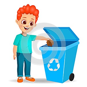 Cute boy throwing trash in recycle bin vector