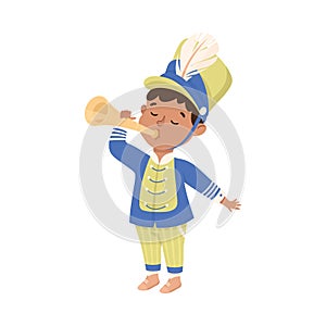 Cute boy in traditional costume playing trumpet musical instrument in marching band parade cartoon vector illustration