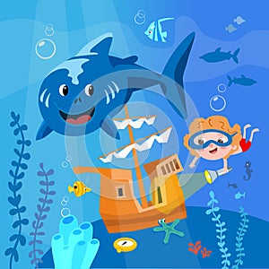 Cute boy and treasure under water. Funny shark, seascape, cartoon style scene. Nature and plants of the ocean. Vector