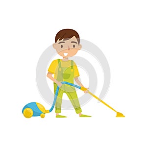 Cute boy with vaccuum cleaner, kids activity, daily routine vector Illustration on a white background